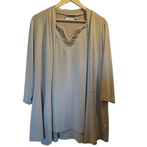 SUSAN GRAVER Tan 2-Piece Twinset Jacket and Embellished Tank Blouse Top - Sz 1X